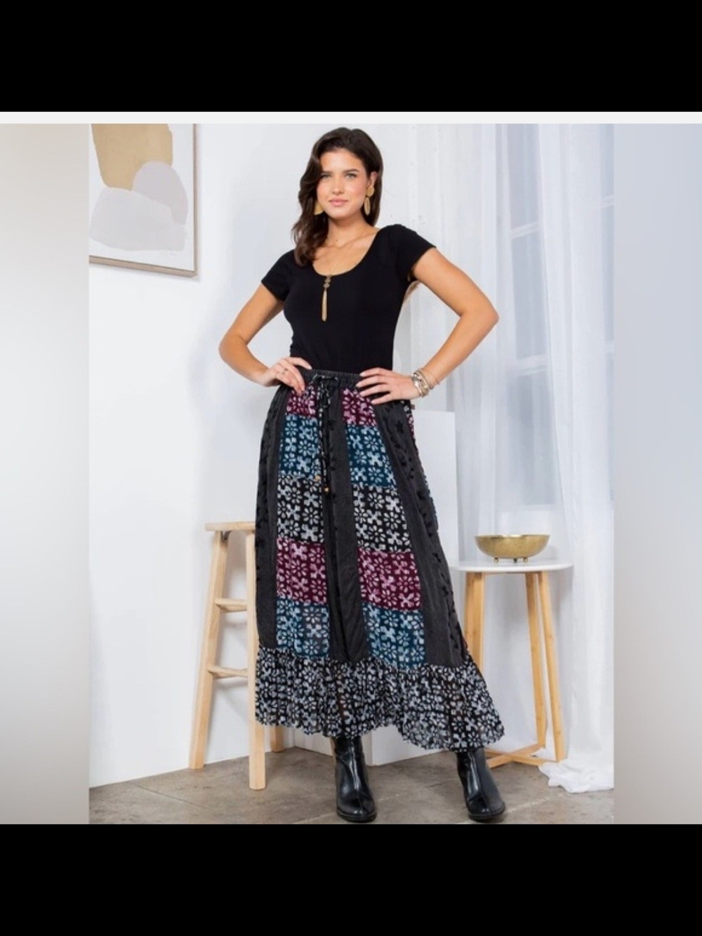 Young Threads Boho Patchwork  Skirt - Black with Blue & Purple Panels SzS